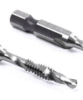 Heavy Hitter Hex Shank Drill Tap Bit Set With Split Point Tips For Smoother Tapping Deburring And Countersinking Metric Or Imperial Fasteners No Sweat Needed - close-up of HSS drill tap bits with hex shank.