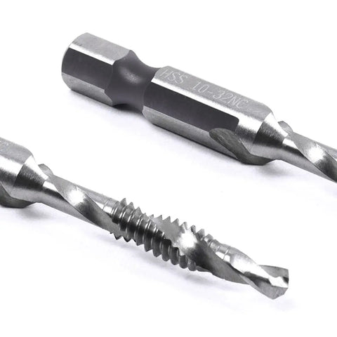 Heavy Hitter Hex Shank Drill Tap Bit Set With Split Point Tips For Smoother Tapping Deburring And Countersinking Metric Or Imperial Fasteners No Sweat Needed - close-up of HSS drill tap bits with hex shank.