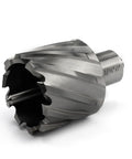 Heavy Duty HSS Annular Cutter 1-1/16 Inch Cut Dia With 3/4 Weldon Shank shown at an angle for precise drilling and burr-free metal cutting.