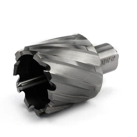 Heavy Duty HSS Annular Cutter 1-1/16 Inch Cut Dia With 3/4 Weldon Shank shown at an angle for precise drilling and burr-free metal cutting.