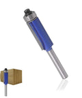 Four Piece Flush Trim Router Bit Set With One Quarter Inch Shank And Top Bearing Includes Cutting Diameters One Quarter Five Sixteenths Three Eighths And One Half Inch Industrial Carbide Cutters For Smooth Finishing On Solid Wood MDF Plywood And More shown with bit attached to a piece of wood