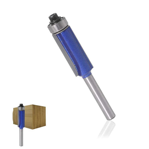 Four Piece Flush Trim Router Bit Set With One Quarter Inch Shank And Top Bearing Includes Cutting Diameters One Quarter Five Sixteenths Three Eighths And One Half Inch Industrial Carbide Cutters For Smooth Finishing On Solid Wood MDF Plywood And More shown with bit attached to a piece of wood