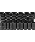 Real Deal Heavy Duty 3/4 Inch Drive Socket Set With 29 Deep Impact Sockets arranged in a collection of dark gray impact sockets.