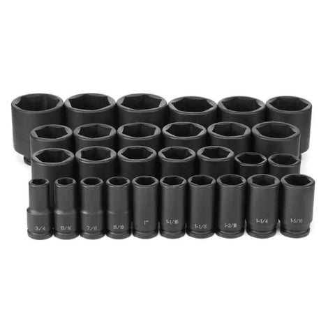 Real Deal Heavy Duty 3/4 Inch Drive Socket Set With 29 Deep Impact Sockets, organized dark gray impact sockets in varying sizes.