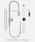 Brushed Nickel Kitchen Faucet With Pull Down Sprayer And Soap Dispenser 18 Inch High Arc 360 Swivel 3 Mode Spray Single Handle stainless steel parts layout