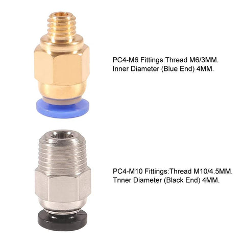 Two PC4-M6 and PC4-M10 pneumatic push-fit fittings; gold brass body with blue seal, silver body with black seal.