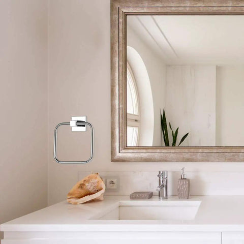 Bathroom with Yorke 5-Piece All-In-One Bathroom Set With Chrome Finish towel ring and mirror above white sink