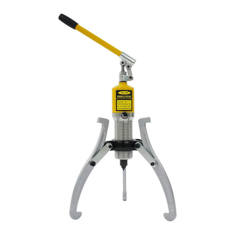 Heavy Hitter 20 Ton Hydraulic Gear Puller Kit With Three Jaw Bearing Separator Tool For Tough Mechanical Repairs High Strength Steel Build With Corrosion Protection Ready To Rock With Portable Case To Store Gear Safely Great For Quick Shop Jobs. three jaw hydraulic puller with yellow handle and steel body