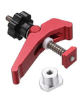 Heavy Duty T Slot Hold Down Clamp Set For Precision Woodworking Benches features red clamp with quick twist lock knob and slider base.