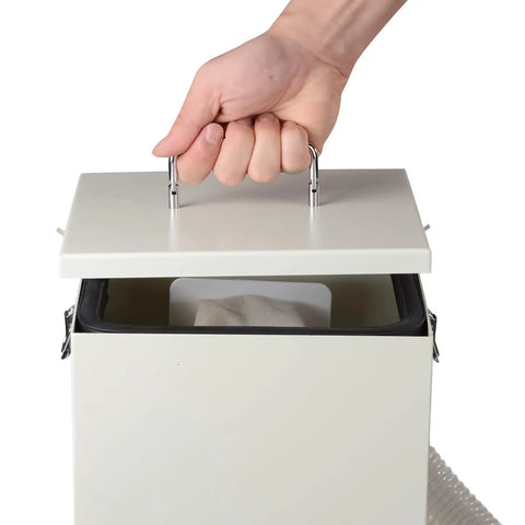 Straight Up Powerhouse 1000W Dental Dust Extractor With Pretty Dang Quiet Motor being lifted to reveal dust collection bag.