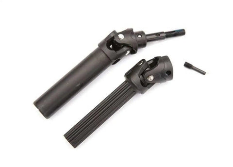 Built Tough Heavy Duty Front Or Rear Driveshaft Assembly For Traxxas Maxx Rc Monster Truck showing assembled parts and screw pin clip.