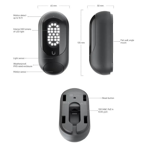 Diagram showing Smart Flood Light With Motion Sensor And 550 Lumen LED IPX5 Waterproof PoE Powered UniFi Protect Ready Outdoor Security Floodlight