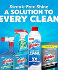 Front view of Windex Foam Glass Cleaner bottle (19 oz) with other Windex products and electronic wipes.