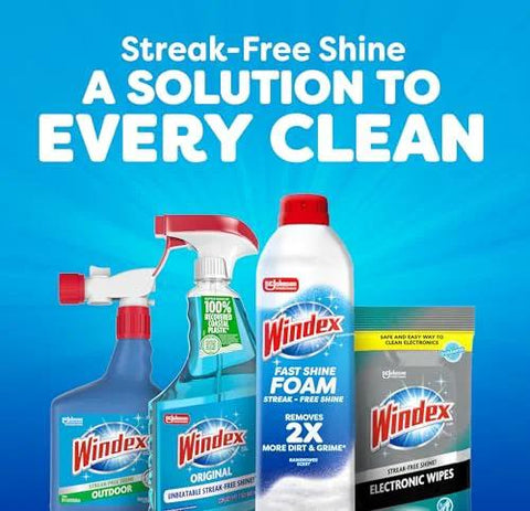Front view of Windex Foam Glass Cleaner bottle (19 oz) with other Windex products and electronic wipes.