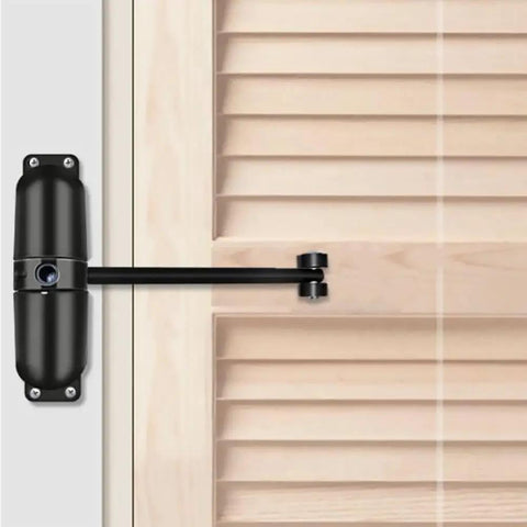 Heavy Duty Automatic Door Closer Kit With Soft Close Function for screen and storm doors, black, installed on wooden door
