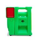 Side view of green Powerful 2 HP Bounce House Air Blower for Large Inflatables with red air vent, perfect for backyard parties