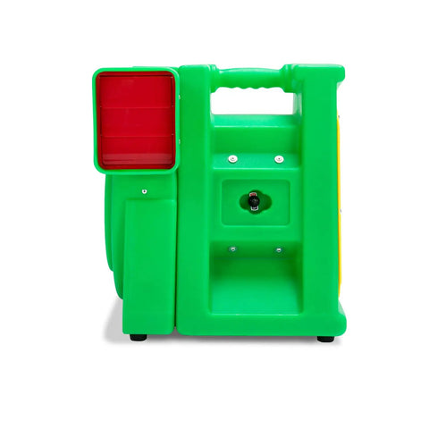 Side view of green Powerful 2 HP Bounce House Air Blower for Large Inflatables with red air vent, perfect for backyard parties