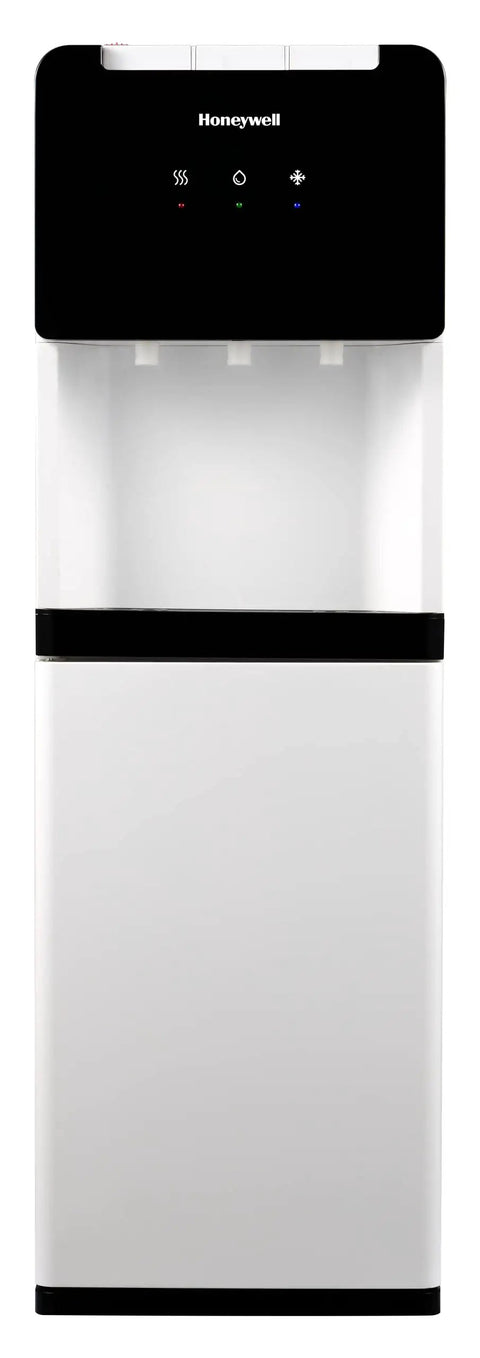 Front view of Top Load 3 To 5 Gallon Water Dispenser With Hot Cold And Room Temperature Water, Compact Design With Built In Cabinet
