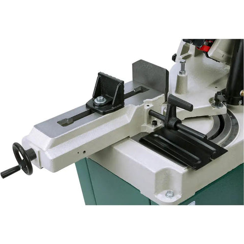 Badass Metal Cutting Bandsaw With Swivel Head And Five By Six Inch Cutting Capacity Powered By Rock Solid Half Horsepower Motor Running Clean On 110V Or 220V For Smooth Shop Chores