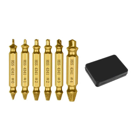 Six Piece Screw Extractor Drill Bit Set for Stripped and Broken Screws, Pro Grade with HSS tips, shown with black storage case