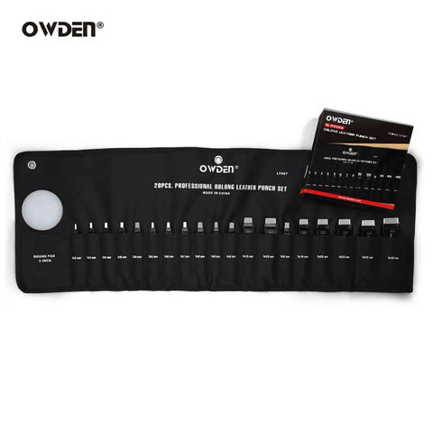 Oblong Leather Hole Punch Set With 19 Sizes And Nylon Pad, displayed in a black case, showing various punch sizes.