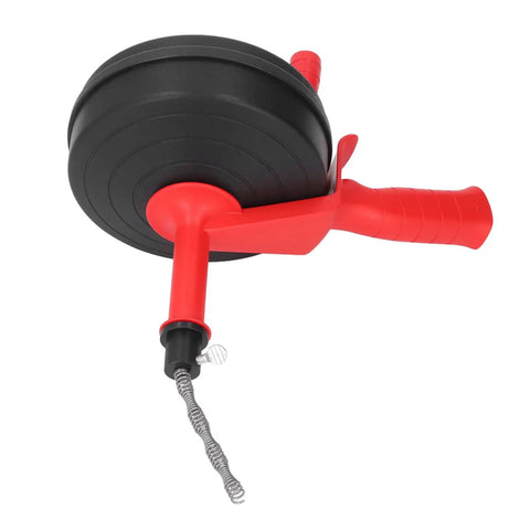 65 Manganese Steel Drain Auger Heavy Duty Pipe Snake with red handle and metal cable for clearing stubborn clogs in drains.