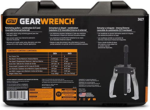 Back view of Heavy Duty Ratcheting Puller Set For Automotive Internal And External Pulls 2 And 5 Ton Converts To Two Or Three Leg Pullers Easy Jaw Connection And Quick Release in packaging
