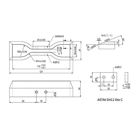 ASTM D412 Die C technical drawing for Heavy Duty Dumbbell And Straight Section Cutter For Rubber Specimen Testing Pro Grade