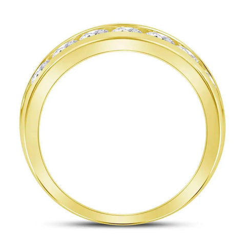 Mens 14K Yellow Gold Diamond Wedding Band Ring Machine Set Round Stones 1.50 CTW showing channel set design from the side.