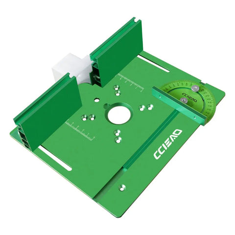 Heavy Duty Aluminum Router Table Insert Plate With Precise Cnc Milled Smooth Surface And Clear Laser Etched Scale Marks For Snappy Fence Tracking And Killer Woodworking Performance In Any Busy Shop Setup, showing green mounting features.