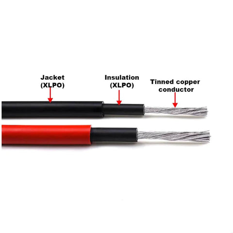 Cross-section of Heavy Duty 100 Ft Solar Extension Cable Set With Black And Red 10 AWG Wire And Six Pairs Solar Connectors