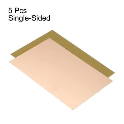 Five Pack FR4 Copper Clad PCB Boards For Prototyping 150 By 100 mm 0.8 mm Thick displayed overlapping on a white background.