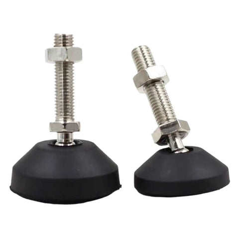 Super Stable Adjustable Leveling Feet With Swivel Base And Threaded Nylon And Steel Build For Furniture Tools showing two feet with threaded steel and nylon bases.