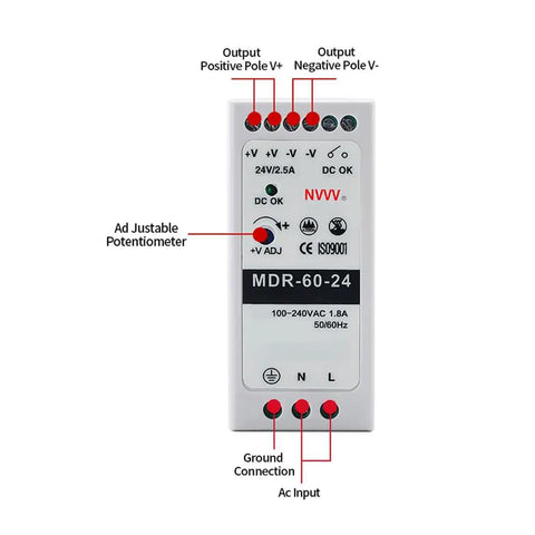 Front view of MDR 60 24 24V DC DIN Rail Power Supply 2.5A 60W Beefy Yet Efficient With 85 To 264 VAC Input 24V Output Industrial Grade Blue And White Enclosure