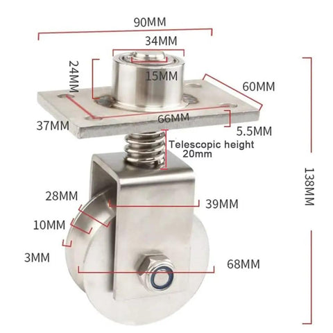 Heavy Duty Sliding Gate Wheels With Spring Loaded V Groove Casters crafted from premium stainless steel, showing dimensions and features.