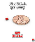 Tiny 3x1.5mm Neodymium Disc Magnets Pack Of 300 For Warhammer And Miniatures next to penny for scale illustration