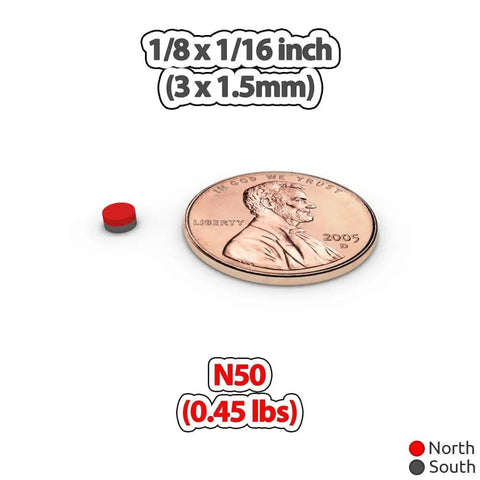 Tiny 3x1.5mm Neodymium Disc Magnets Pack Of 300 For Warhammer And Miniatures next to penny for scale illustration