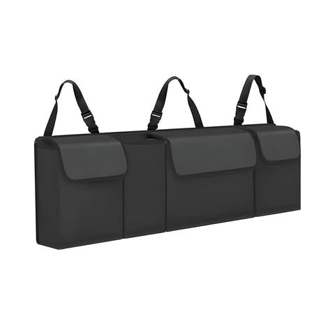 Image of a Car Trunk Organizer With Backseat Hanging Storage, Large Capacity, Heavy Duty Adjustable Straps, Waterproof PVC Collapsible Cargo Bag.