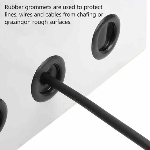 200 Piece Rubber Grommets Assortment Kit With 7 Size Options For Easy Wire Pass-Through In Metal Panels And Frames Includes 14mm, 9.53mm, 12.07mm, 15.88mm, 19.05mm, 22.23mm, 25.40mm Grommets For DIY Auto Electrical And Home Projects. Rubber grommets in a metal panel with cable pass-through