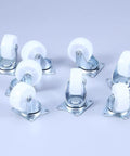 8 Pcs Inch Swivel PP Caster for Furniture, Silver Universal Wheel with glossy white wheels and metal bases, arranged for display.