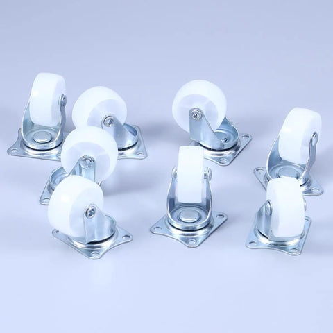 8 Pcs Inch Swivel PP Caster for Furniture, Silver Universal Wheel with glossy white wheels and metal bases, arranged for display.