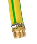 Close-up of Two Pack Brass Garden Hose Repair Fittings With Stainless Clamp For Leaks And Quick Linkage Half Inch Barb To Three Quarter Inch Male Garden Hose Thread Connector Standard US Threads on a yellow hose