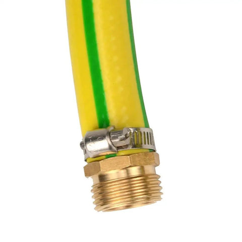 Close-up of Two Pack Brass Garden Hose Repair Fittings With Stainless Clamp For Leaks And Quick Linkage Half Inch Barb To Three Quarter Inch Male Garden Hose Thread Connector Standard US Threads on a yellow hose