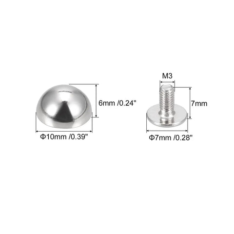Pro Grade 10X6mm Screw Back Rivets Solid Round Head leather studs showing dimensions, silver zinc alloy for leather crafts.