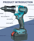Built Tough Cordless Electric Rivet Gun, Brushless Automatic Pull Screw Nut Tool With Dual Speed Modes, features gear adjustment and non-slip handle.