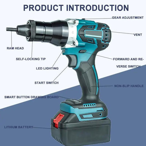 Built Tough Cordless Electric Rivet Gun, Brushless Automatic Pull Screw Nut Tool With Dual Speed Modes, features gear adjustment and non-slip handle.