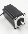 NEMA 23 stepper motor, front view, black aluminum body, silver mounting face, 8mm shaft, multi-color wires visible.