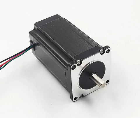 NEMA 23 stepper motor, front view, black aluminum body, silver mounting face, 8mm shaft, multi-color wires visible.