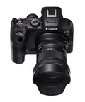 Front view of Canon EOS R7 with 18-50mm F2.8 DC DN Contemporary Lens For Canon RF Mount Mirrorless Cameras, lens attached.