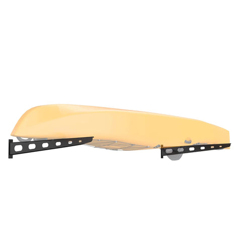 Beefy Heavy Duty Wall Mount Kayak Rack With Double Stack Shelf holding yellow kayak on metal arms for garage storage